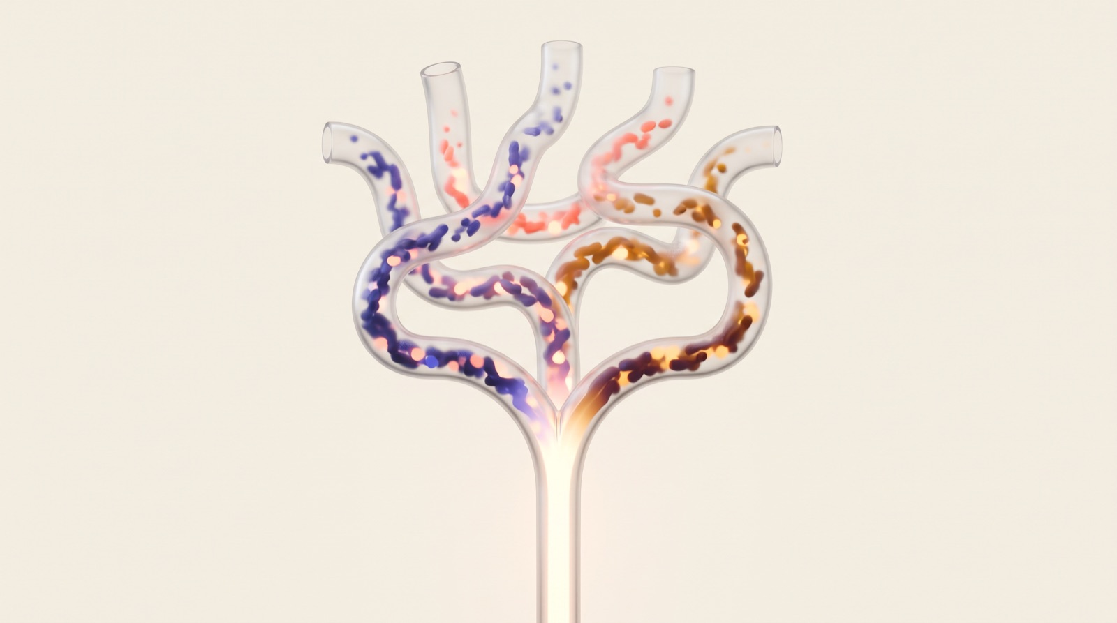 Abstract flowing ribbons in indigo, coral, and amber